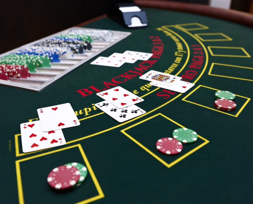 Blackjack table with cards and chips